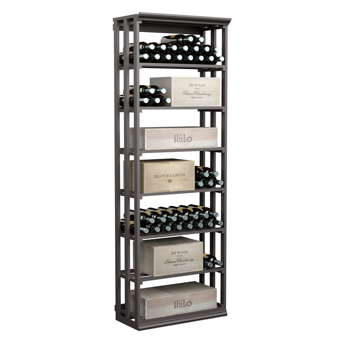 Rectangular dark-stained wooden wine rack with lattice frame and tiered bottle shelves