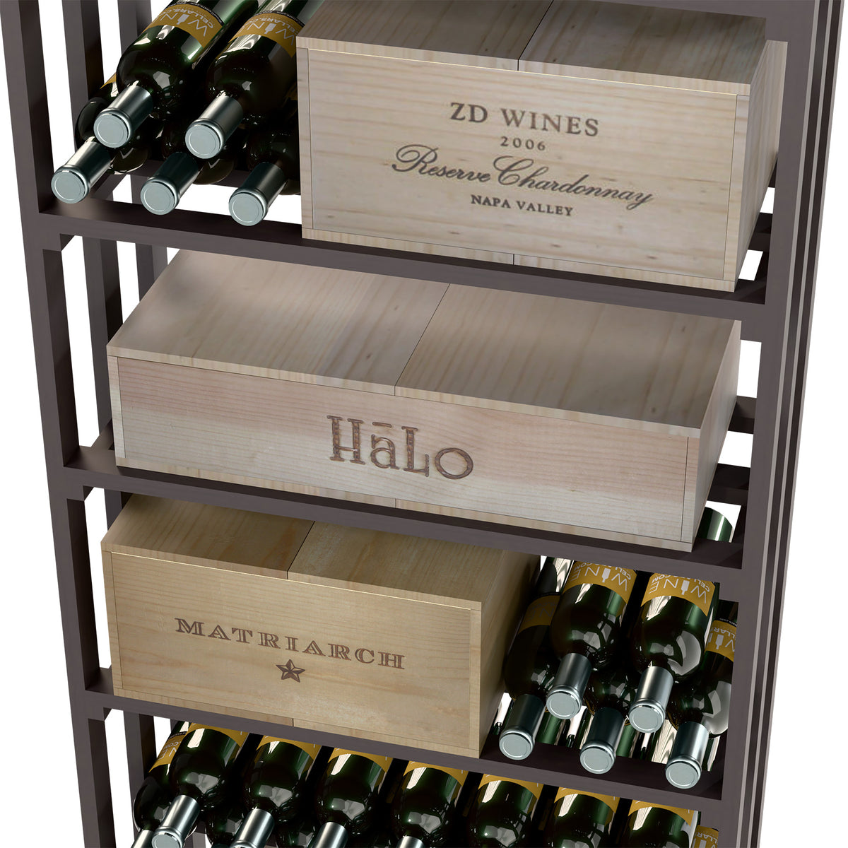 Front close-up of dark wood wine rack with bottle rows and crate-style case bins