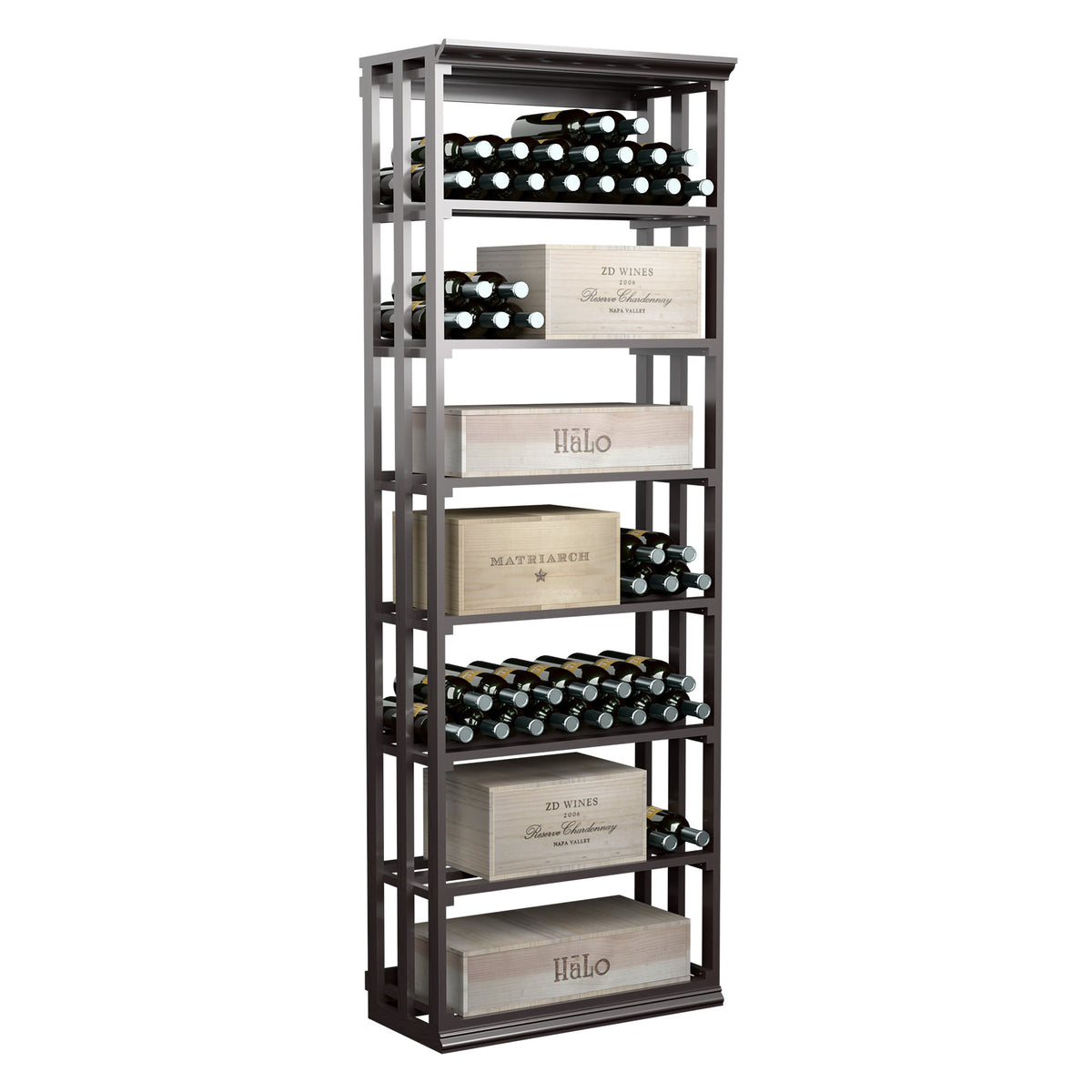 Tall dark wood rectangular wine rack with open lattice sides and multiple bottle tiers