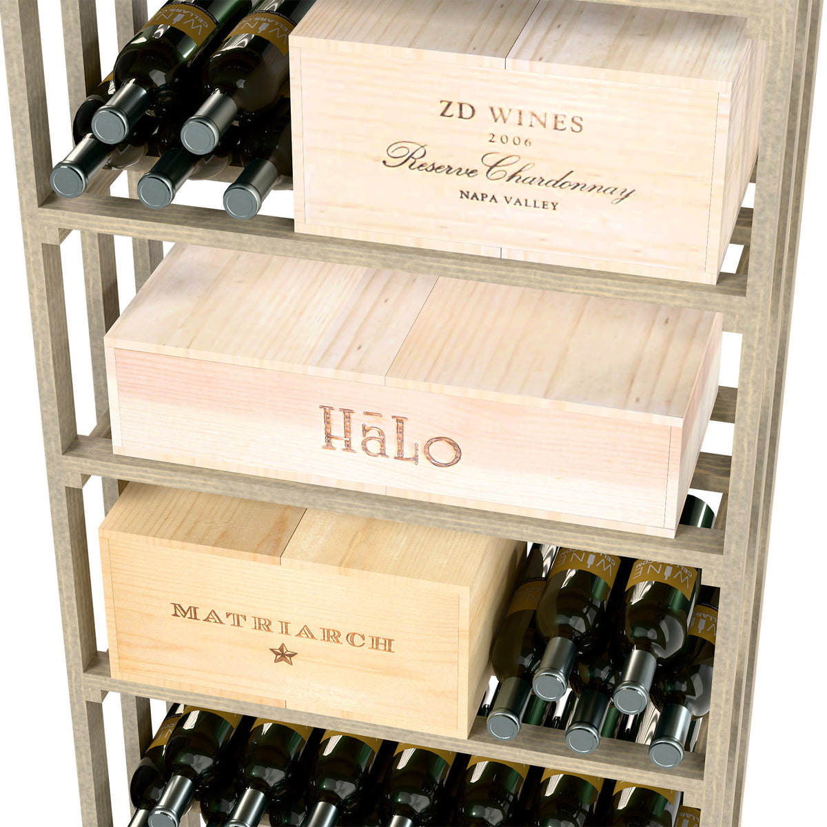 Light wood lattice wine rack close-up with stacked wooden crates and bottle storage