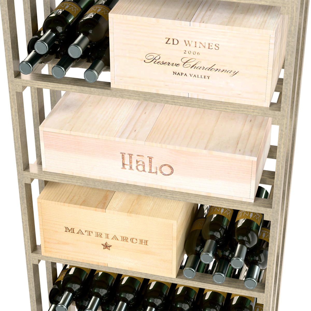 Light wood lattice wine rack with tiered shelves and multiple openings for wine bottles