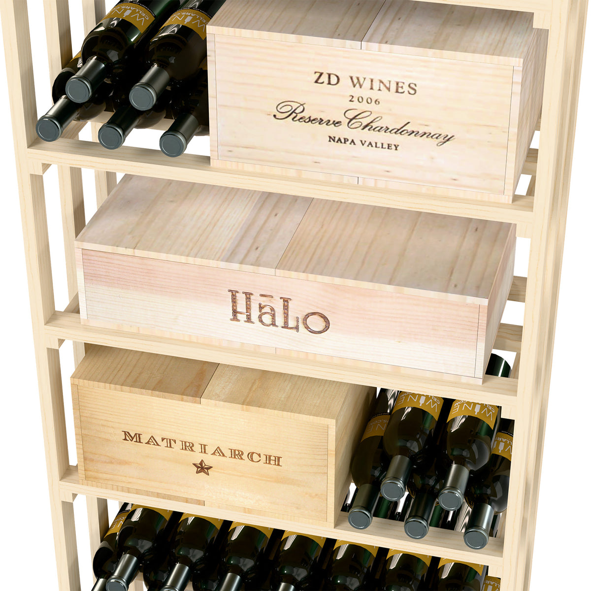 Close-up of light-wood lattice wine rack with stacked crates and wine bottle compartments