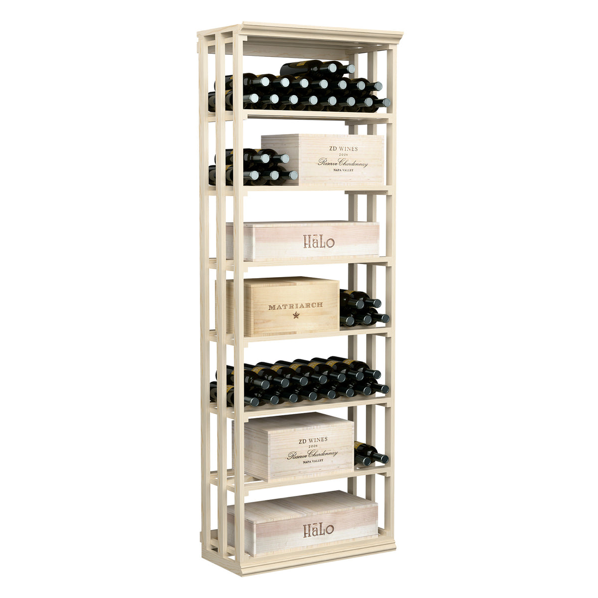 Tall light-wood lattice wine rack with tiered shelves holding wine bottles and cases