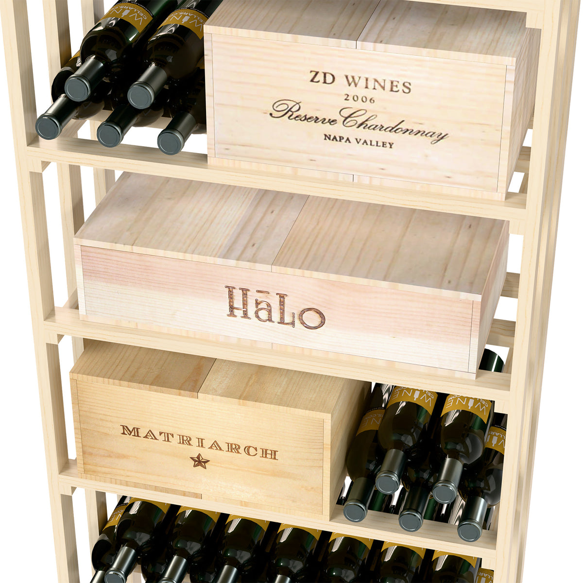 Close-up of light-wood lattice wine rack showing stacked crates and bottle slots
