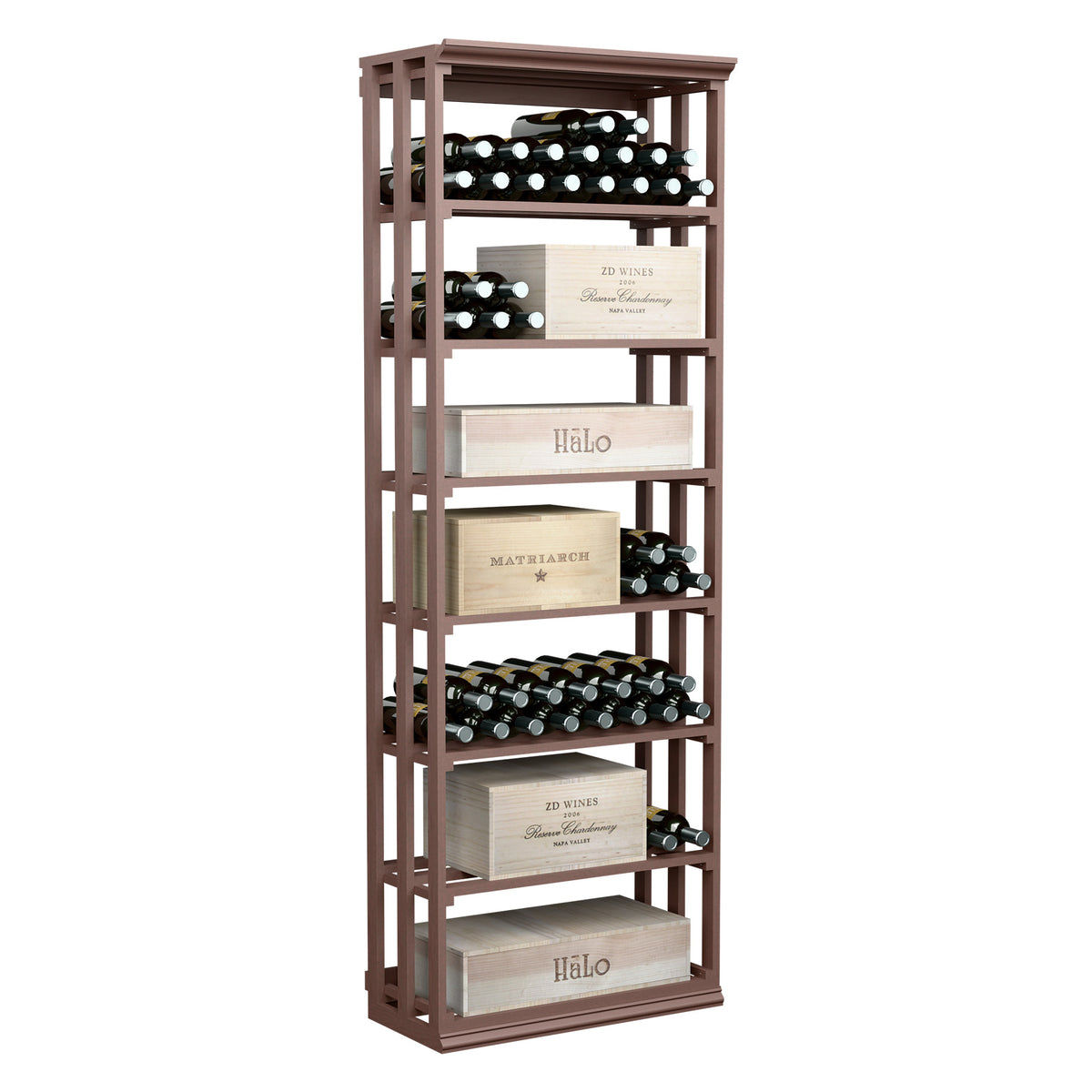 Dark wood lattice wine rack with tiered bottle shelves and case-style storage bins