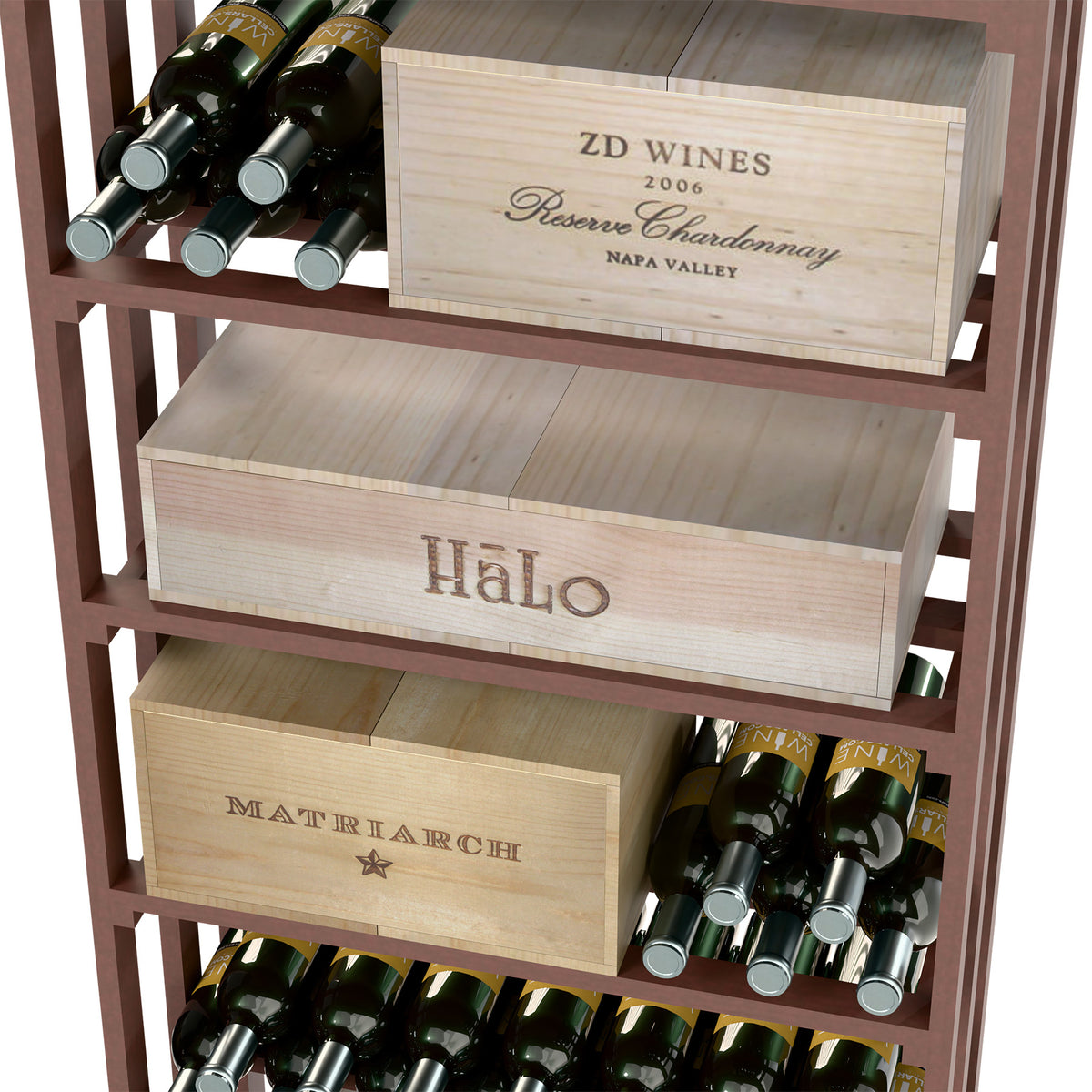 Close-up of dark-wood lattice wine rack with stacked crates and wine bottle openings