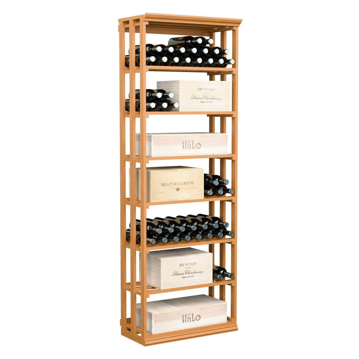 Light wood rectangular wine storage rack with lattice frame and open shelves