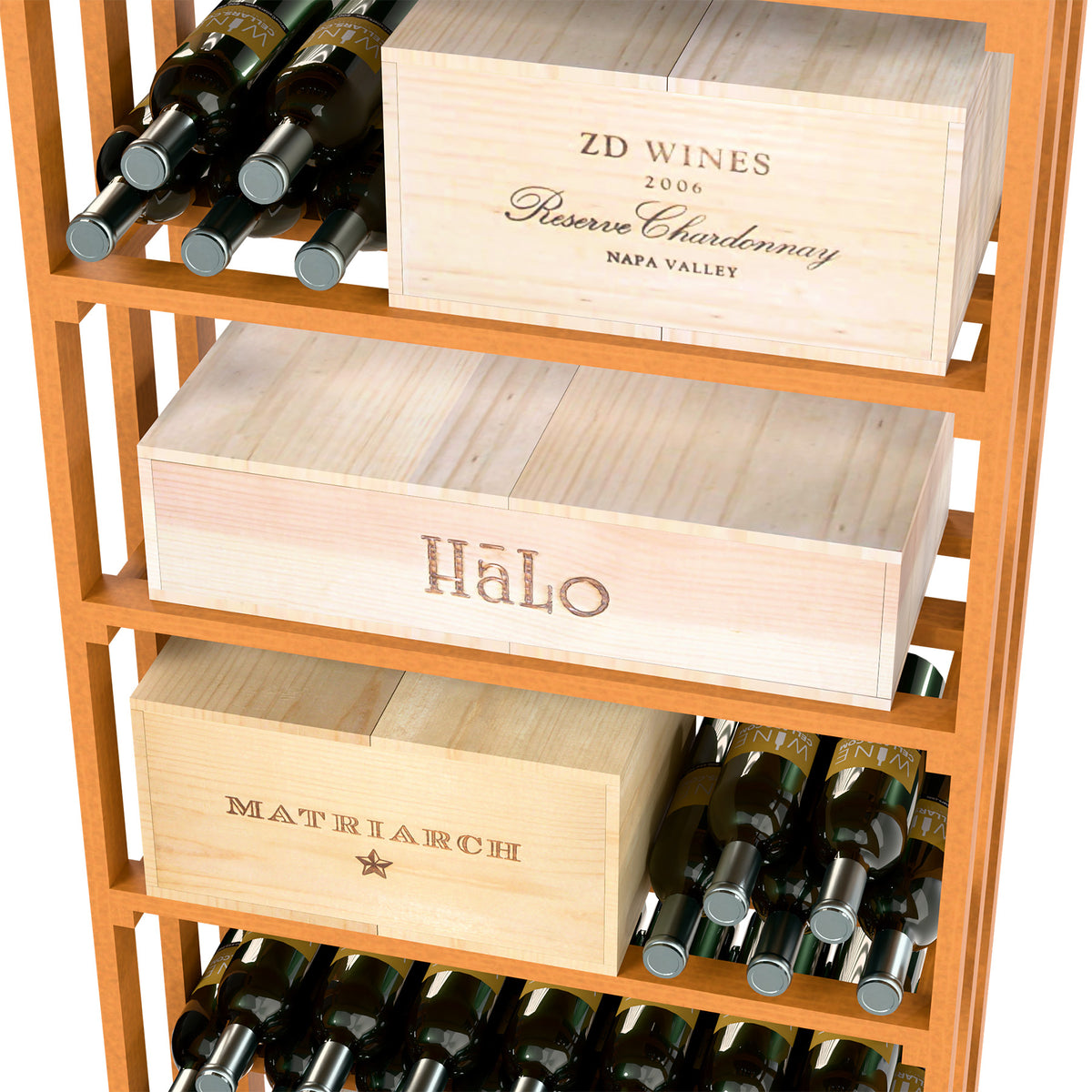 Light wood wine storage rack with open bins holding bottles and rectangular wine case