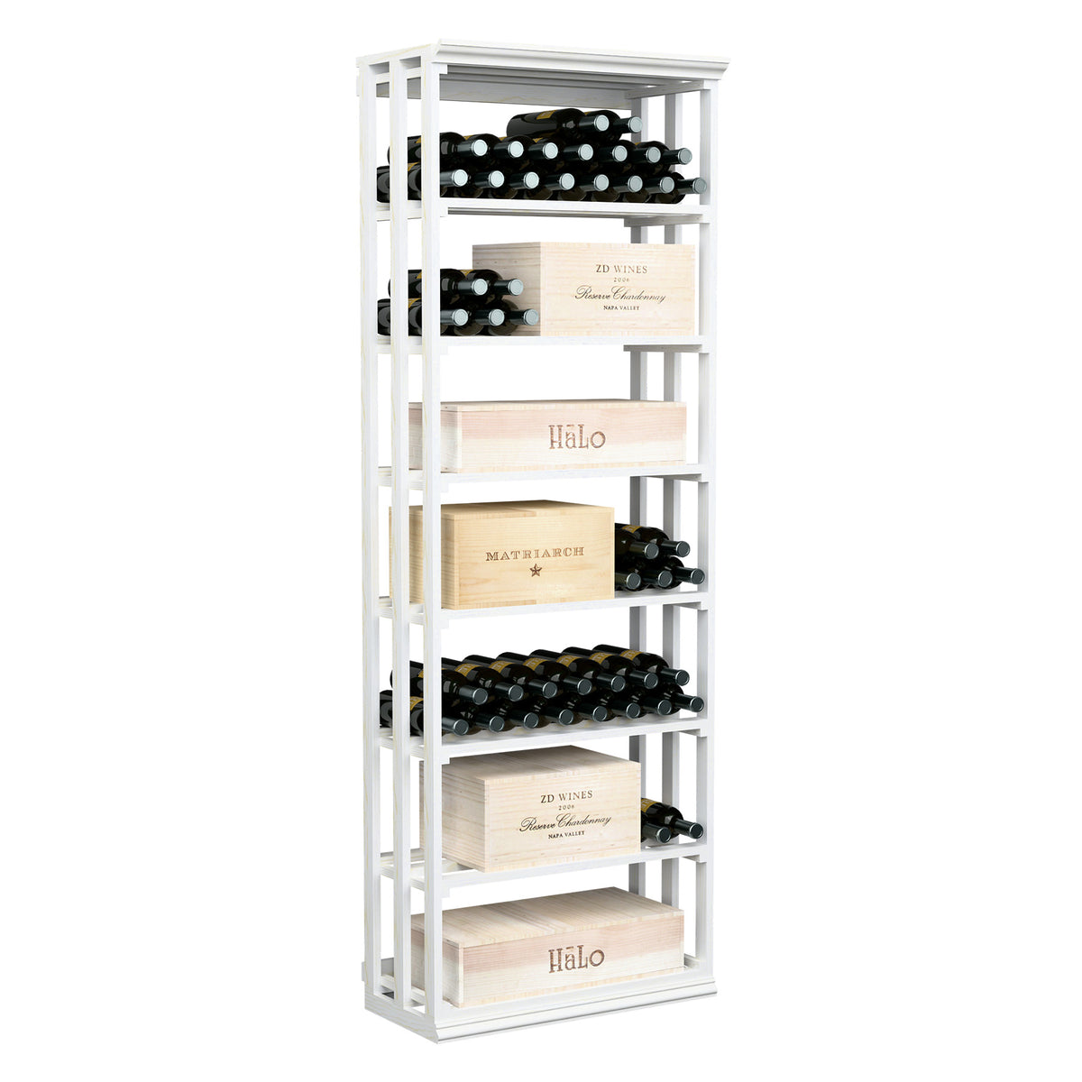 White wine storage rack with lattice frame and open shelves for bottles and cases