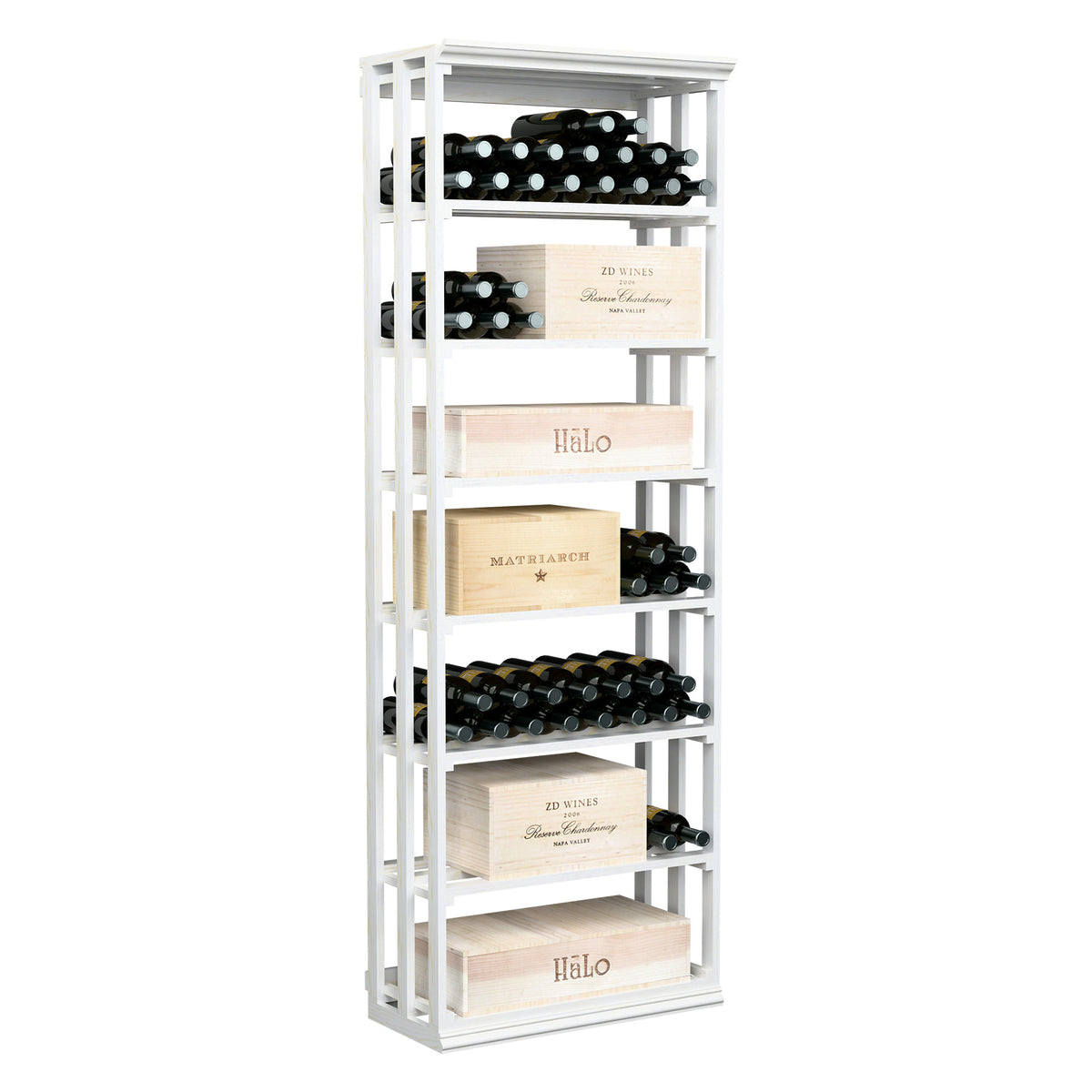 White lattice rectangular wine storage rack with open shelves for bottles