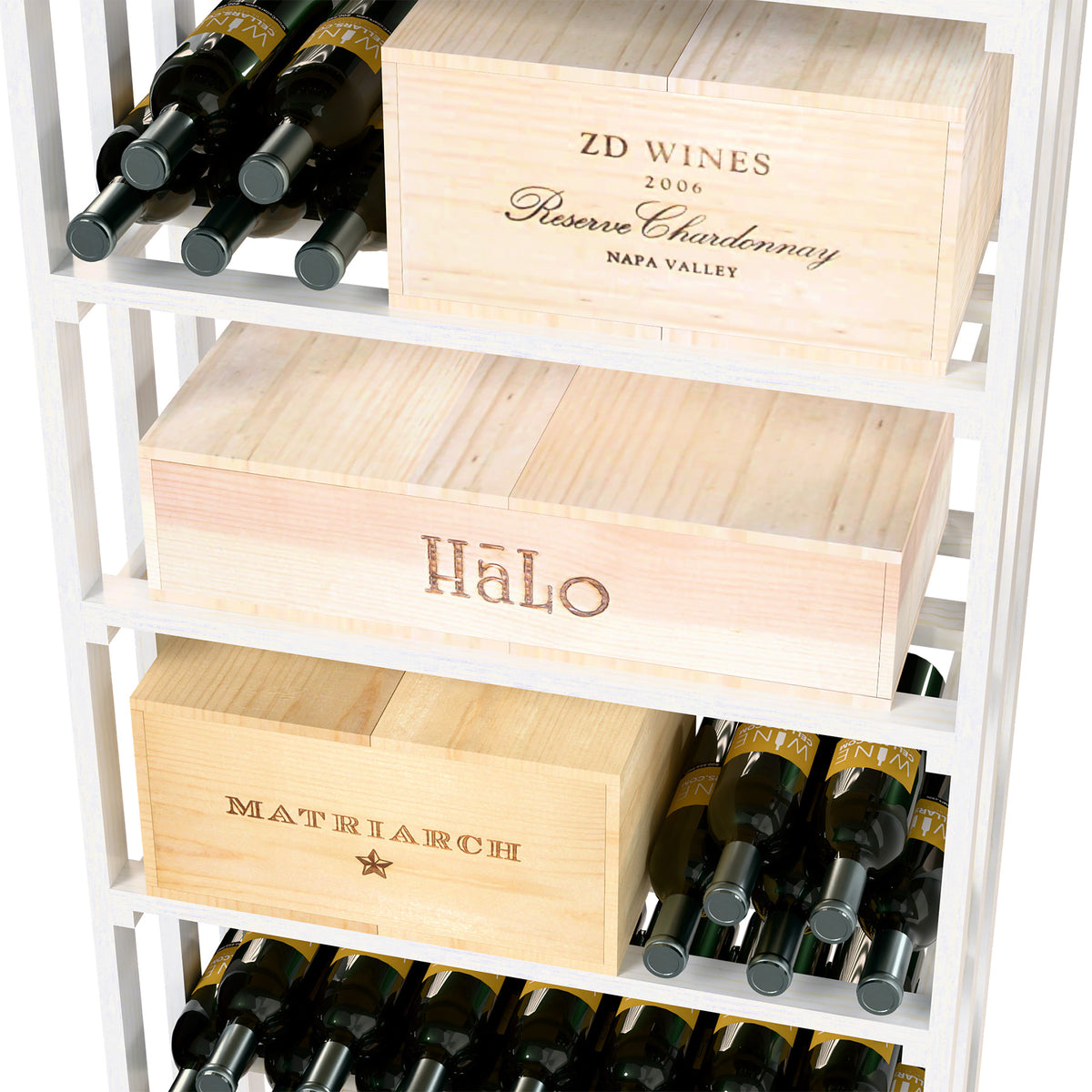 Close-up of white wine rack bins holding bottles and a rectangular wine case