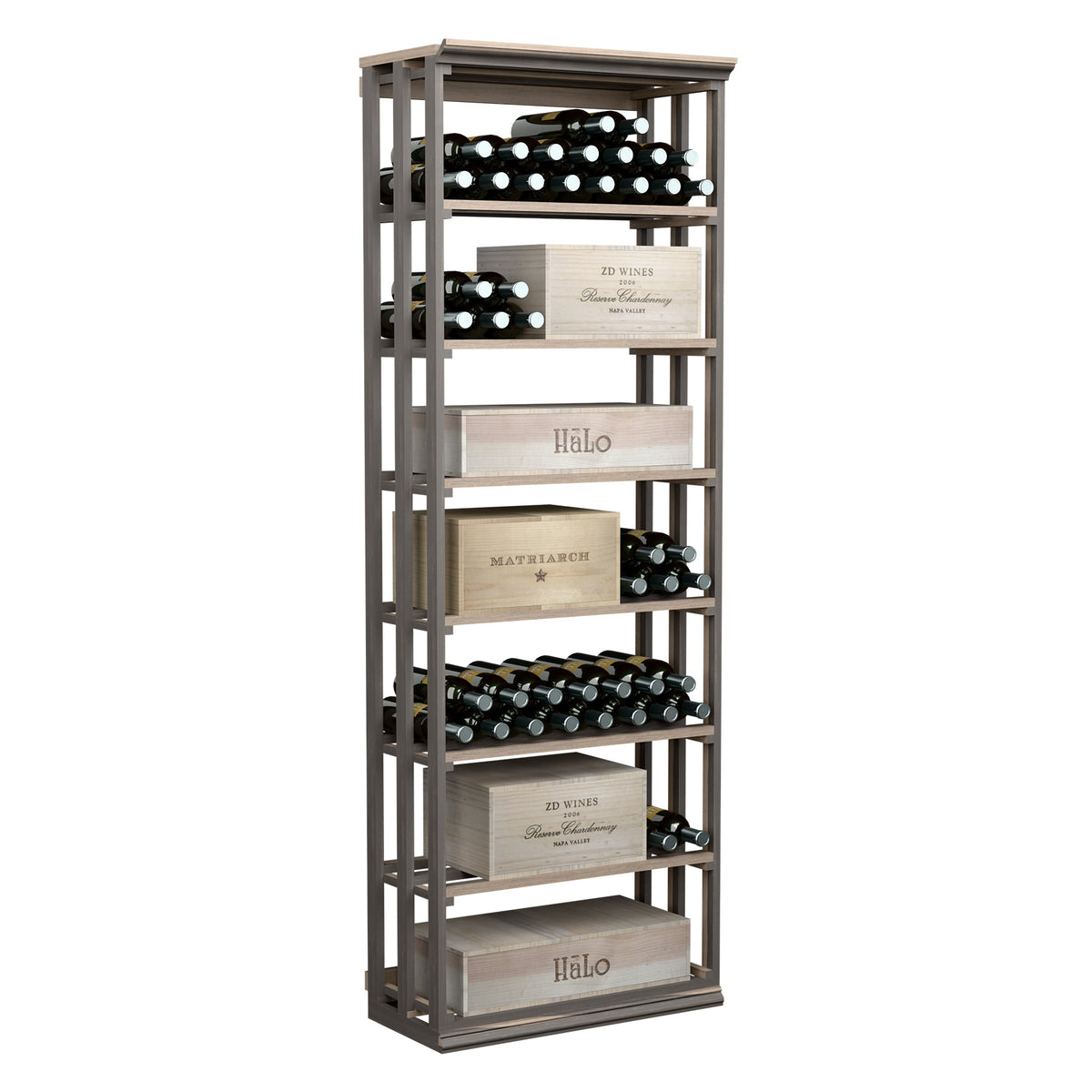 Rectangular lattice wine storage bin with multiple bottle racks and wooden dividers