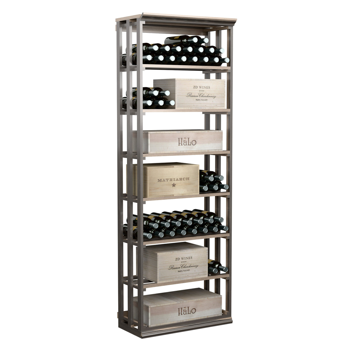 Standing rectangular lattice wine storage bin with bottle racks and built-in dividers