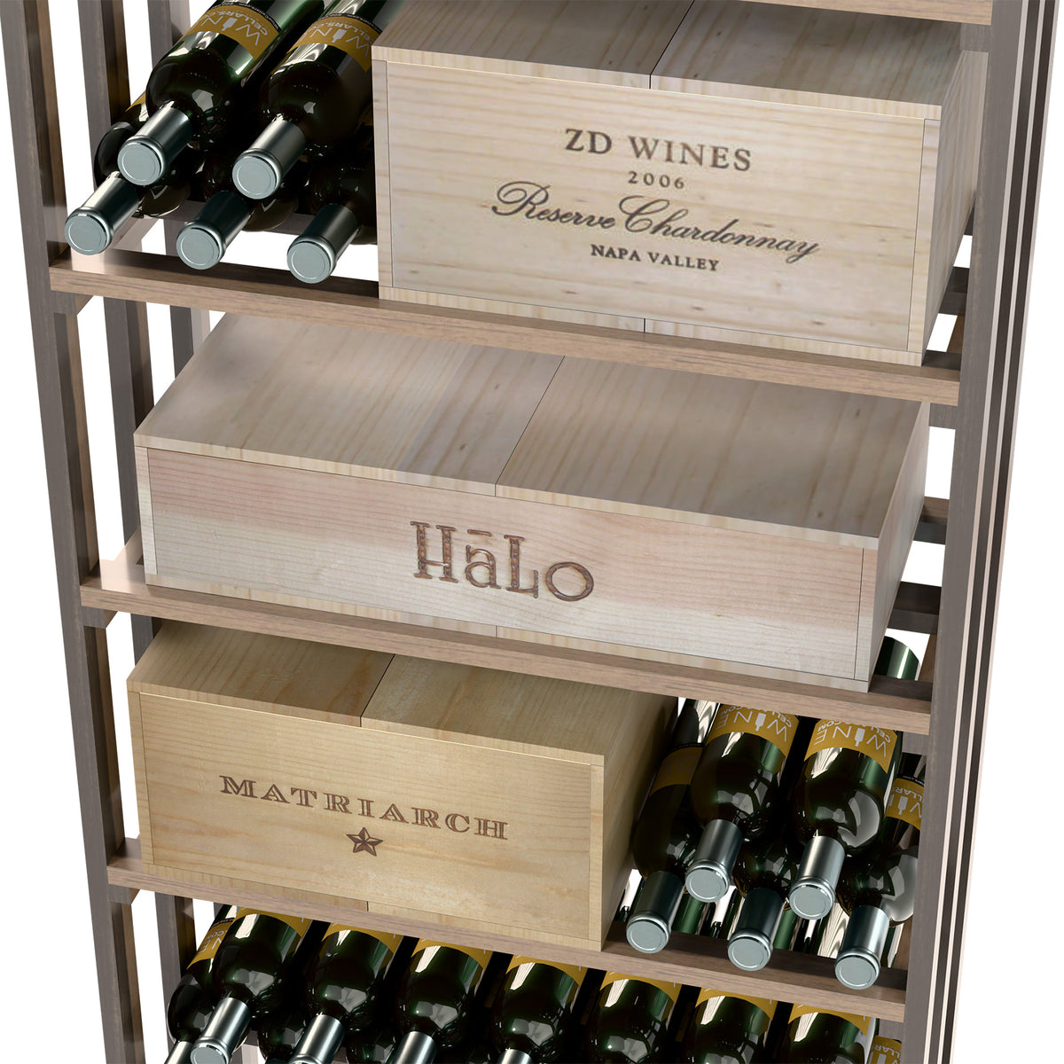 Wood wine storage case with stacked bottle compartments and labeled wooden drawer