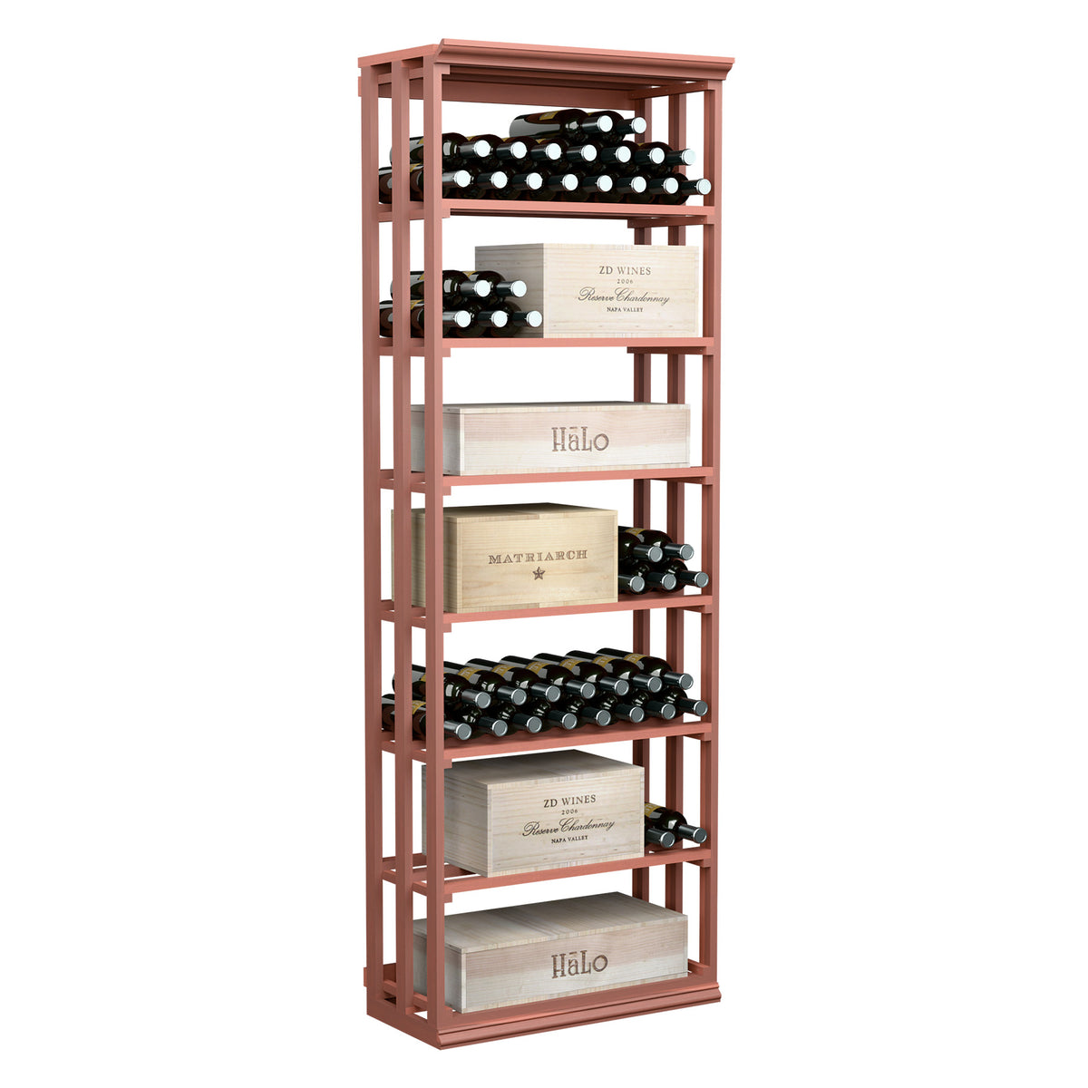 Rectangular lattice wine storage bin with red-brown wood frame and bottle racks