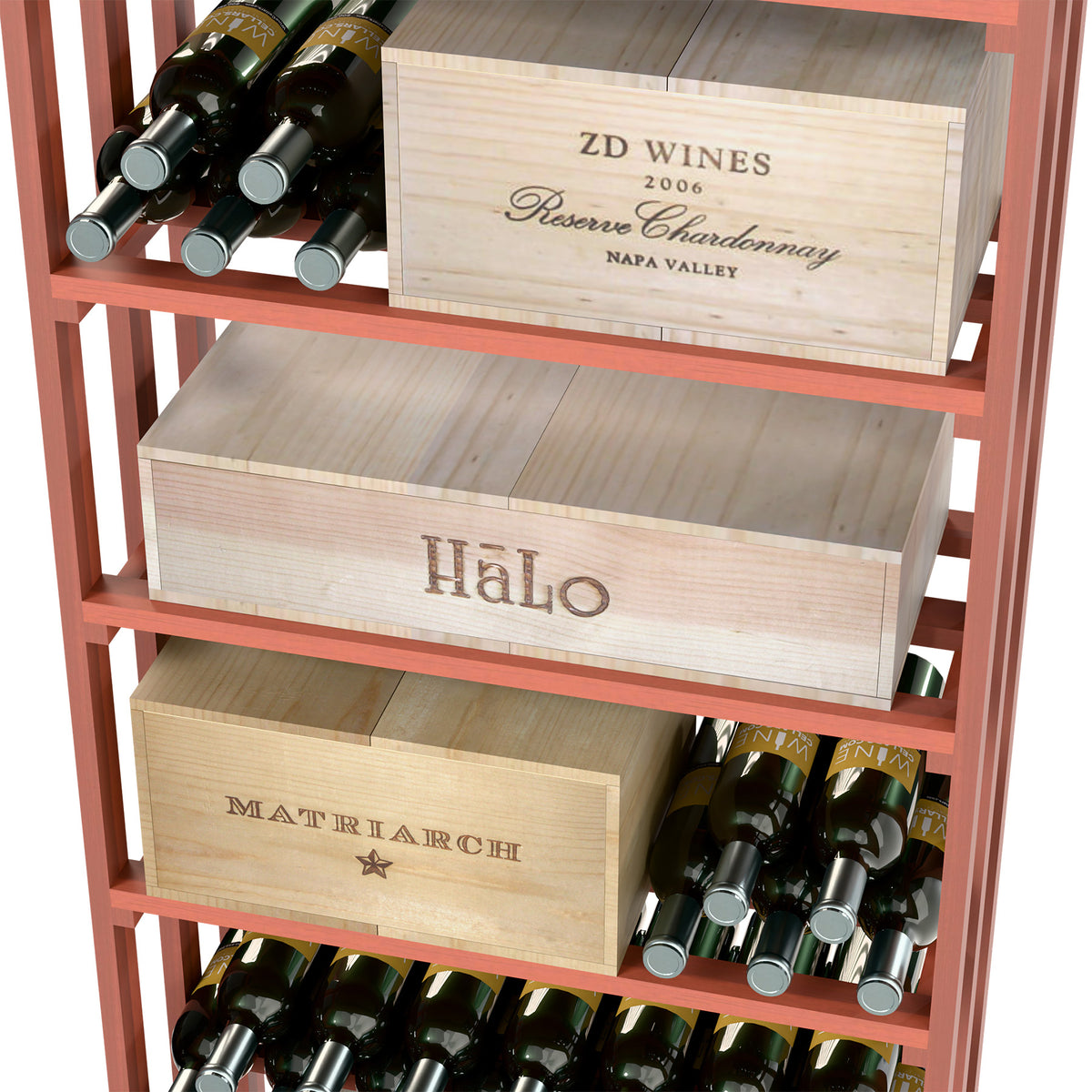 Close-up of red-brown wood wine storage case with bottle slots and labeled drawer