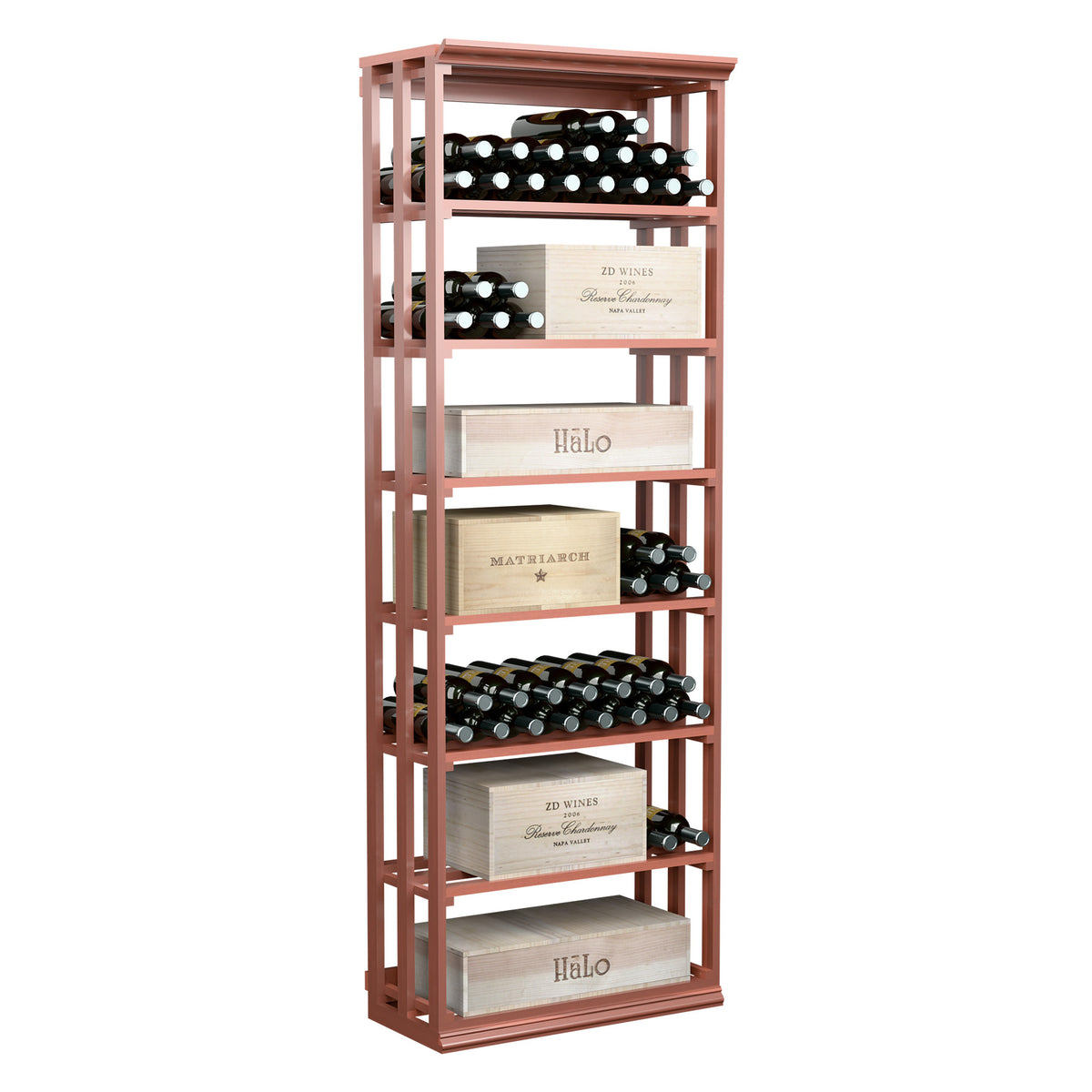 Standing rectangular lattice wine storage bin with red-brown frame and bottle racks