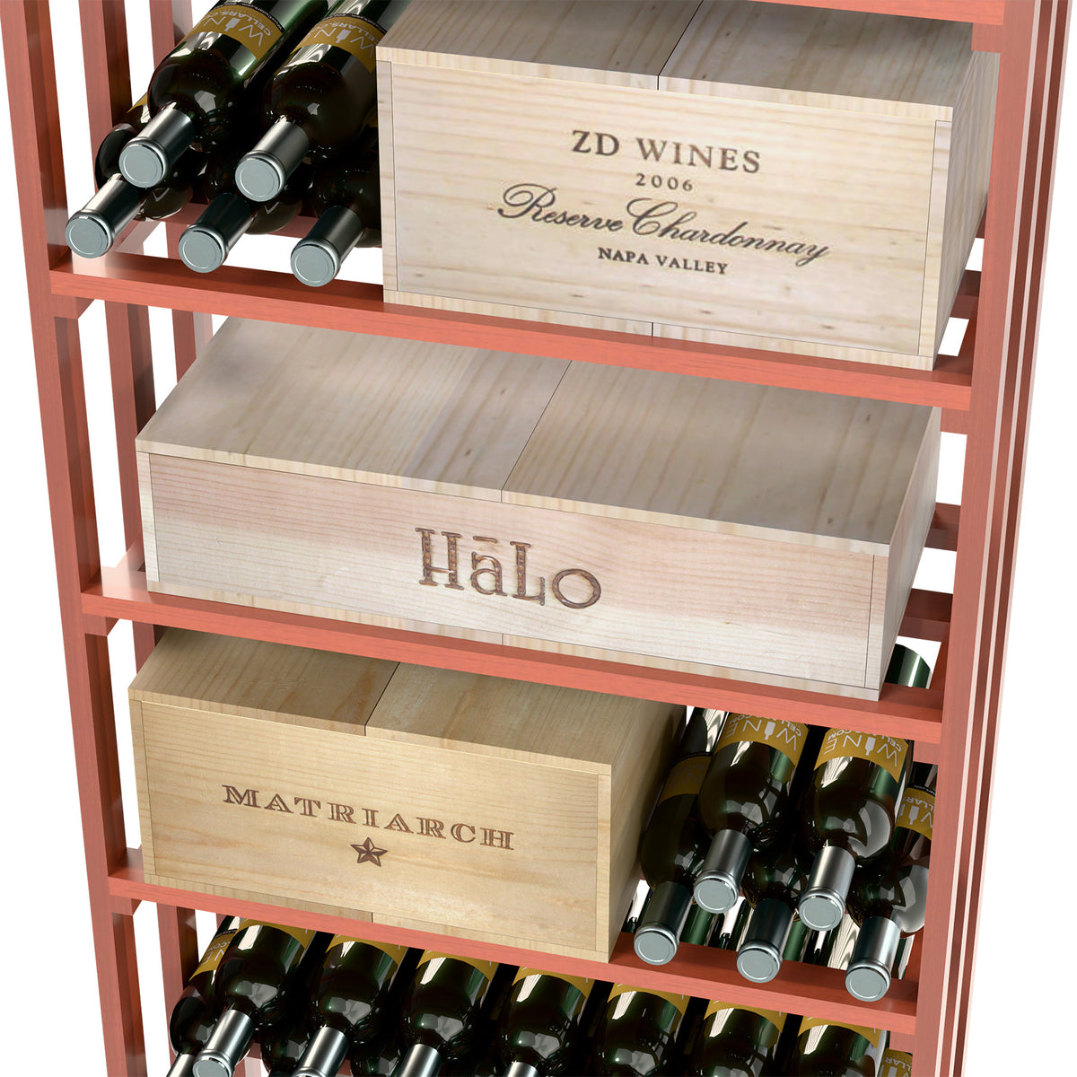 Close-up of red-brown wood wine storage case showing bottle slots and drawer boxes