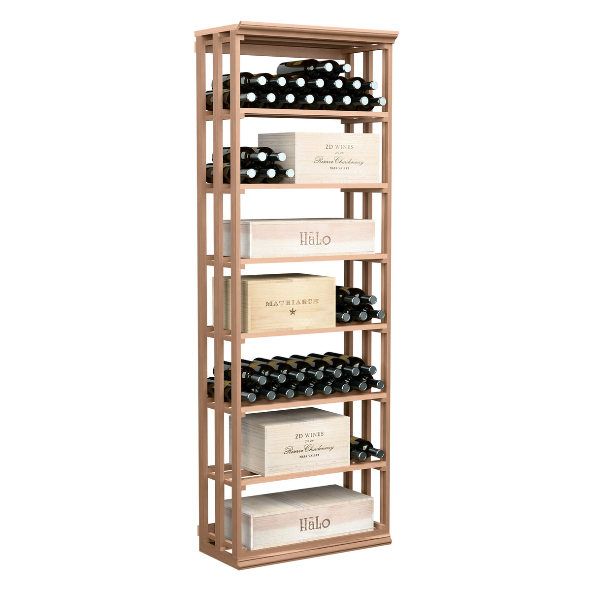 Rectangular lattice wine storage bin with light wood frame and multiple bottle racks