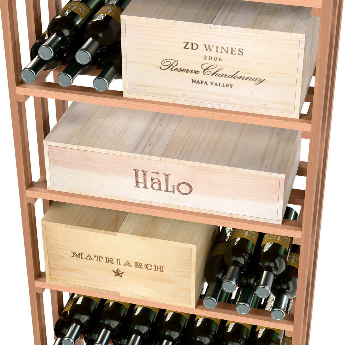 Close-up of light wood wine storage case with bottle compartments and labeled drawer