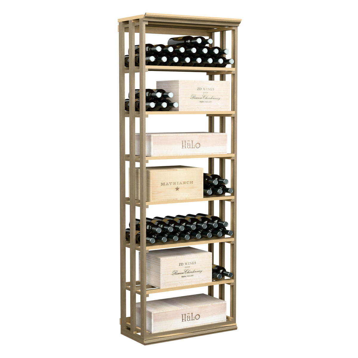 Tall wooden wine rack case with lattice frame and stacked bottle shelves