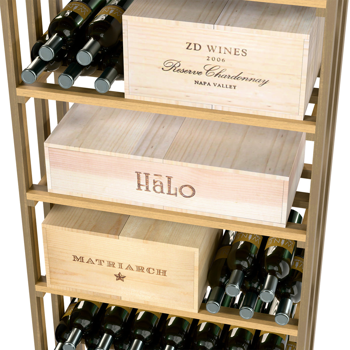 Wooden wine rack shelf with 'Halo' label drawer and rows of dark wine bottles