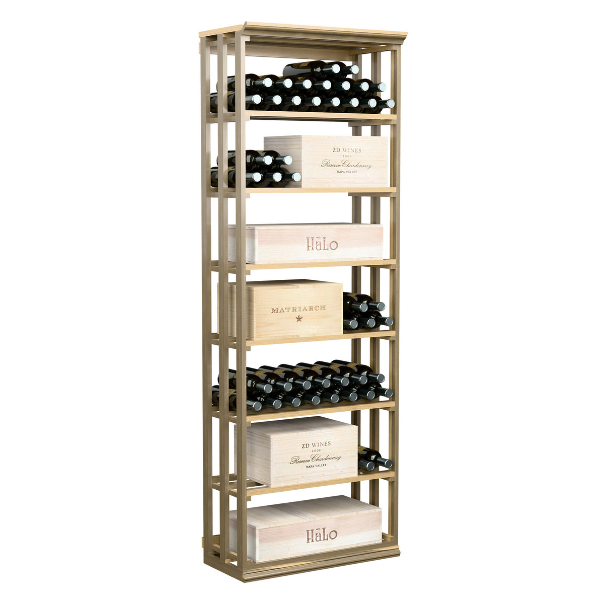 Tall wooden wine rack case with lattice sides and tiered shelves for bottle storage