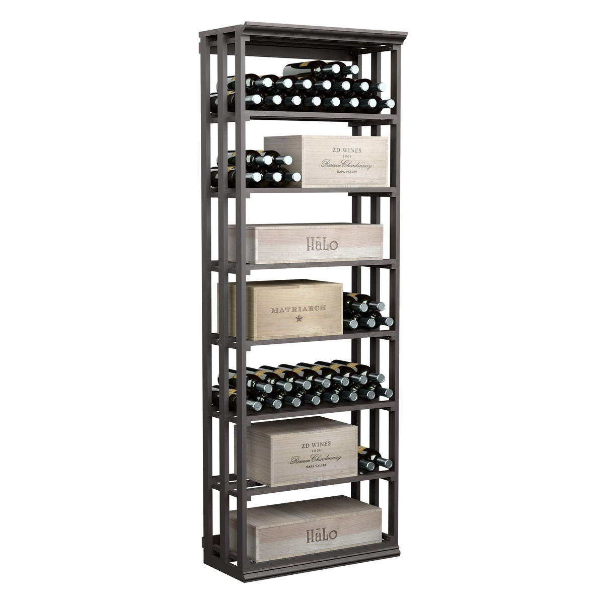 Dark wood wine rack case with lattice sides and tiered shelves for wine bottles