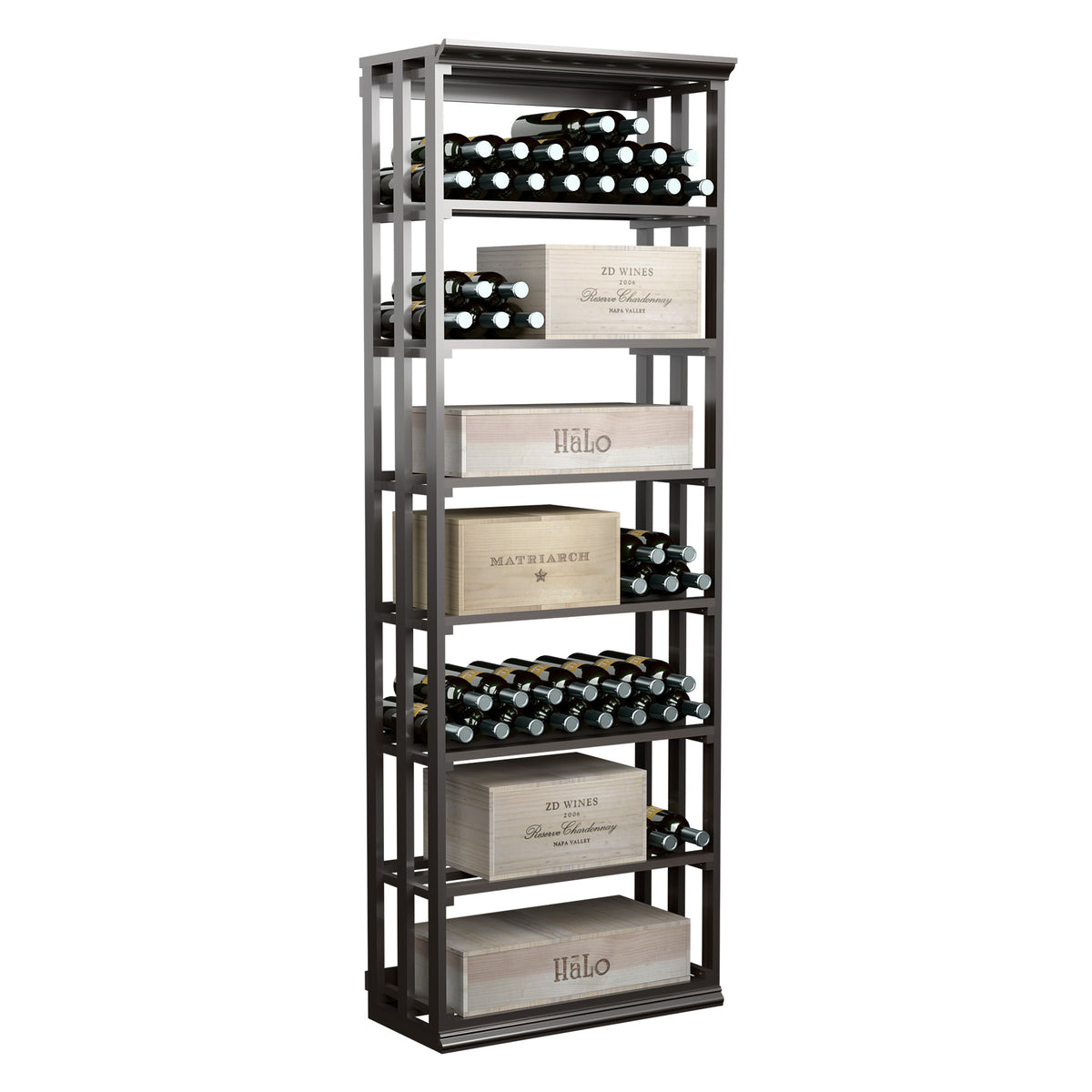 Dark wooden wine rack case with lattice frame and stacked tiered bottle shelves