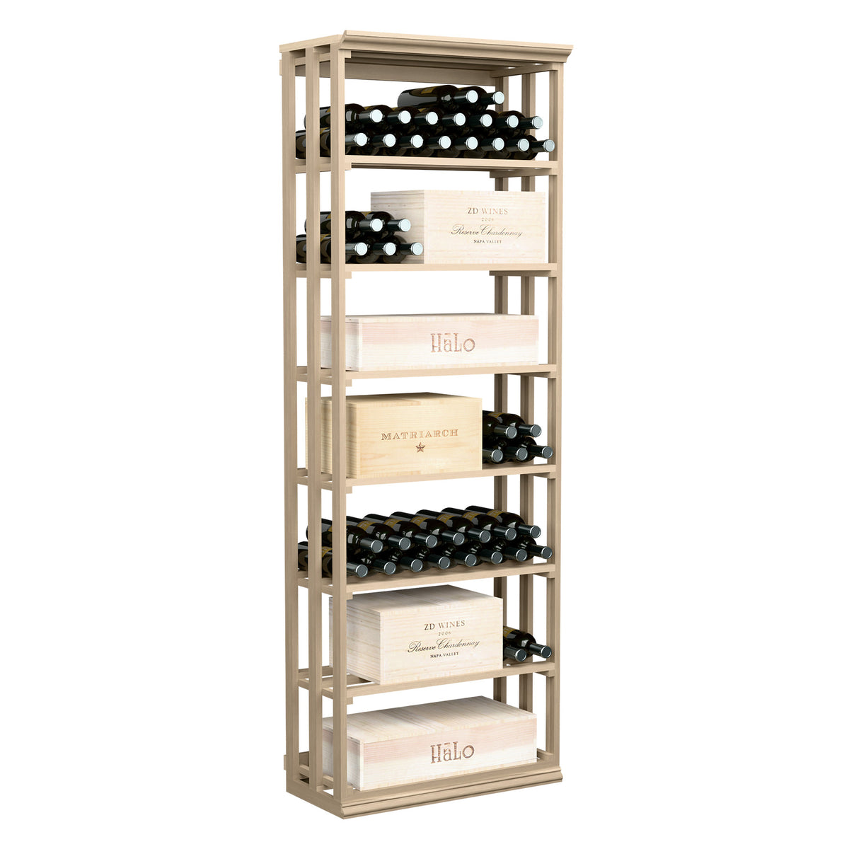 Light wood lattice wine bottle rack with open shelves for multiple bottles