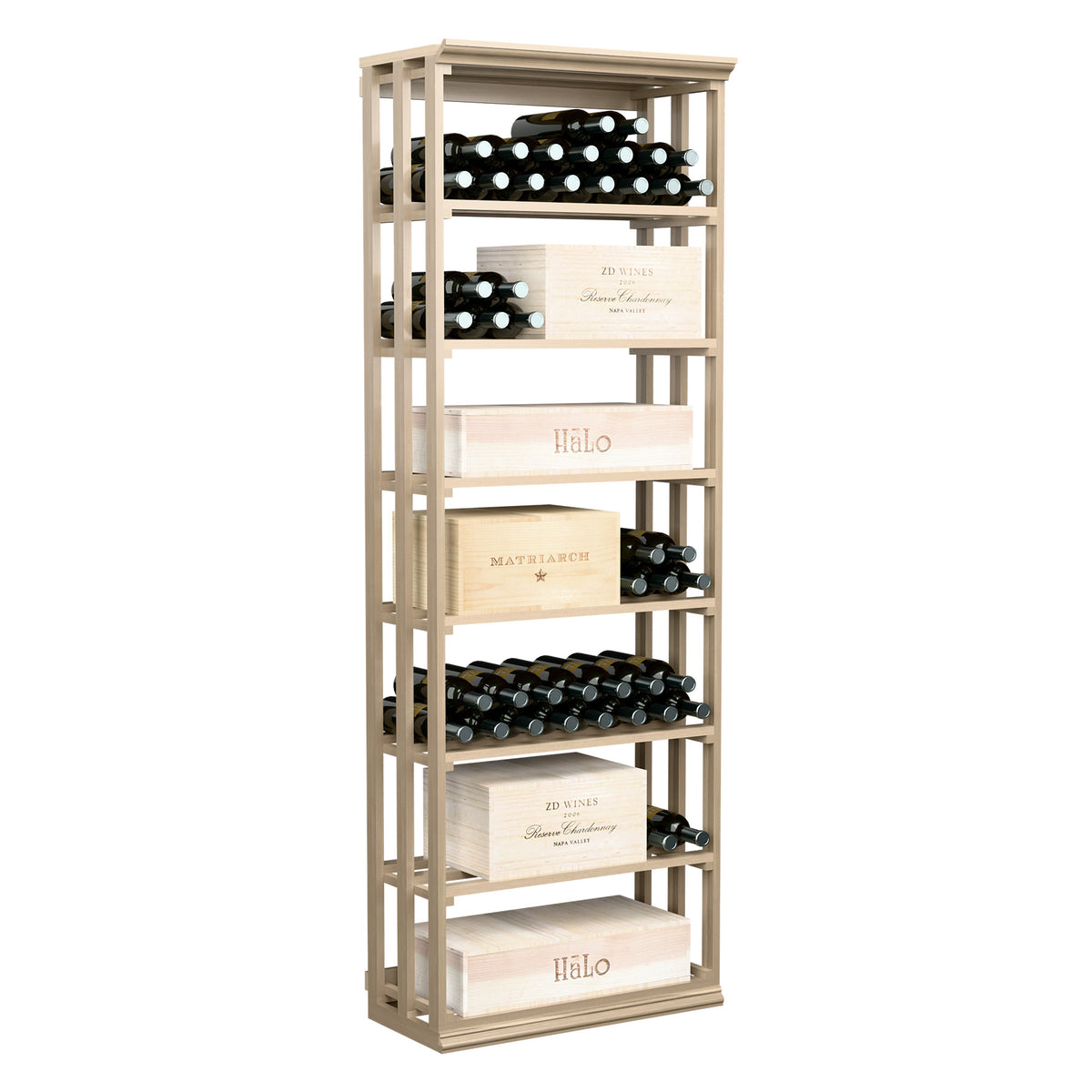 Light wood lattice wine bottle rack with tiered open shelves for bottles