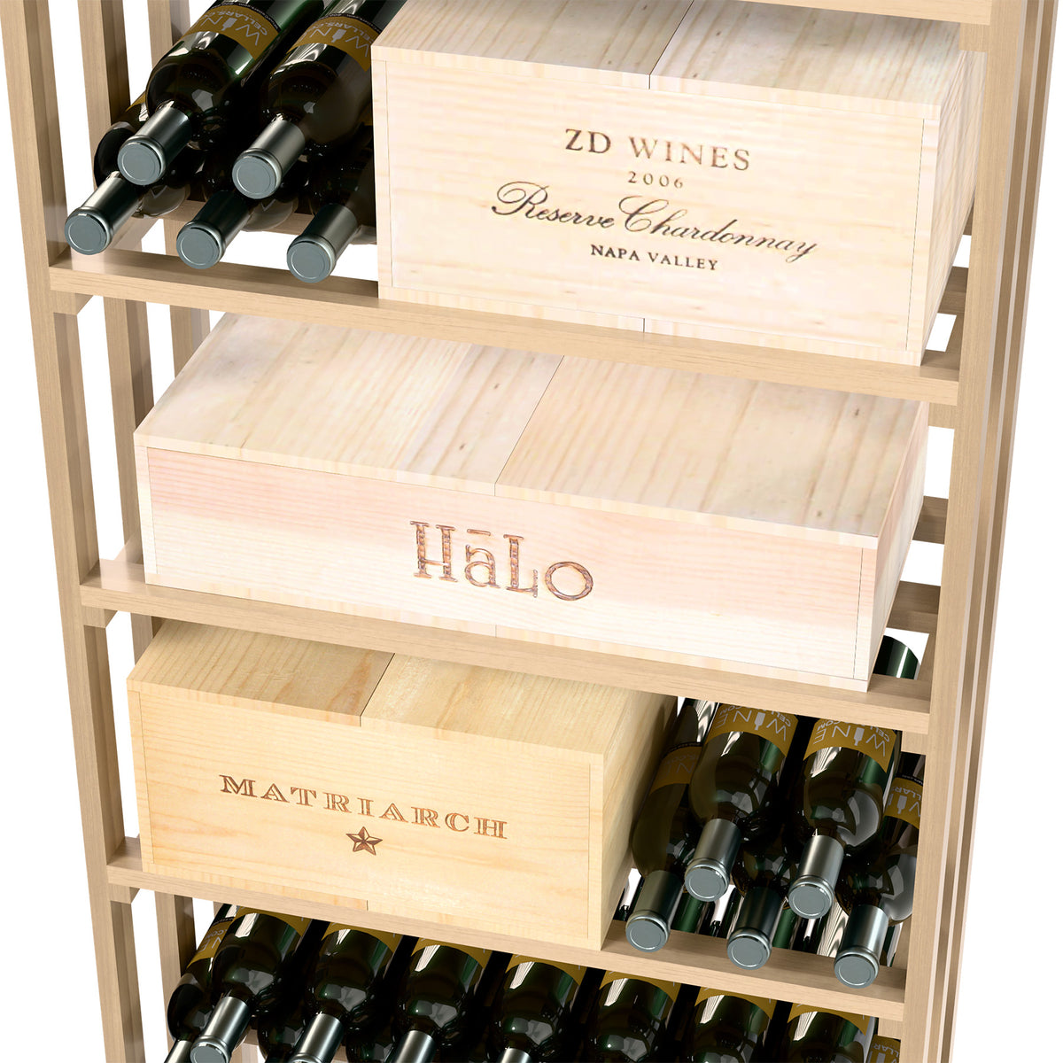 Light wood wine bottle rack with tiered shelves and front wine bottle storage