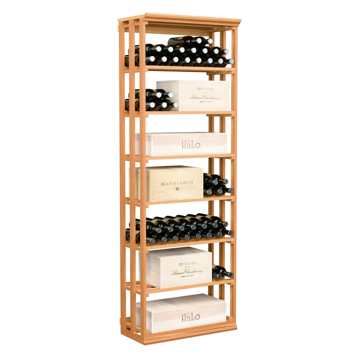 Medium wood lattice wine bottle rack with open shelves for storing wine bottles