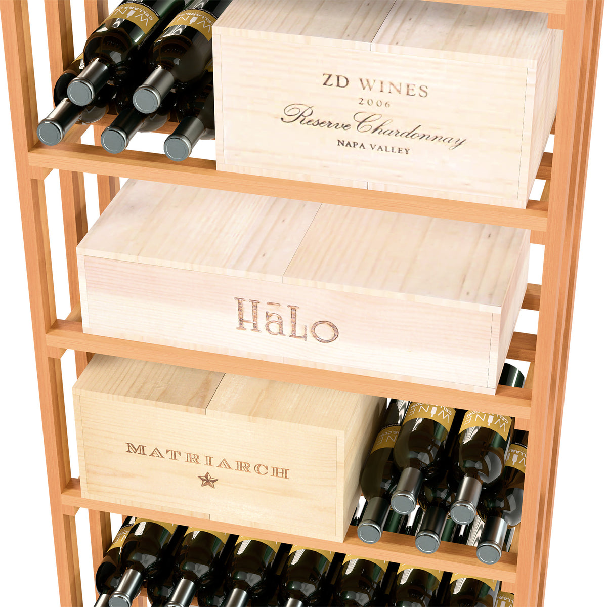 Medium wood wine bottle rack with slotted shelves and wooden wine case bins
