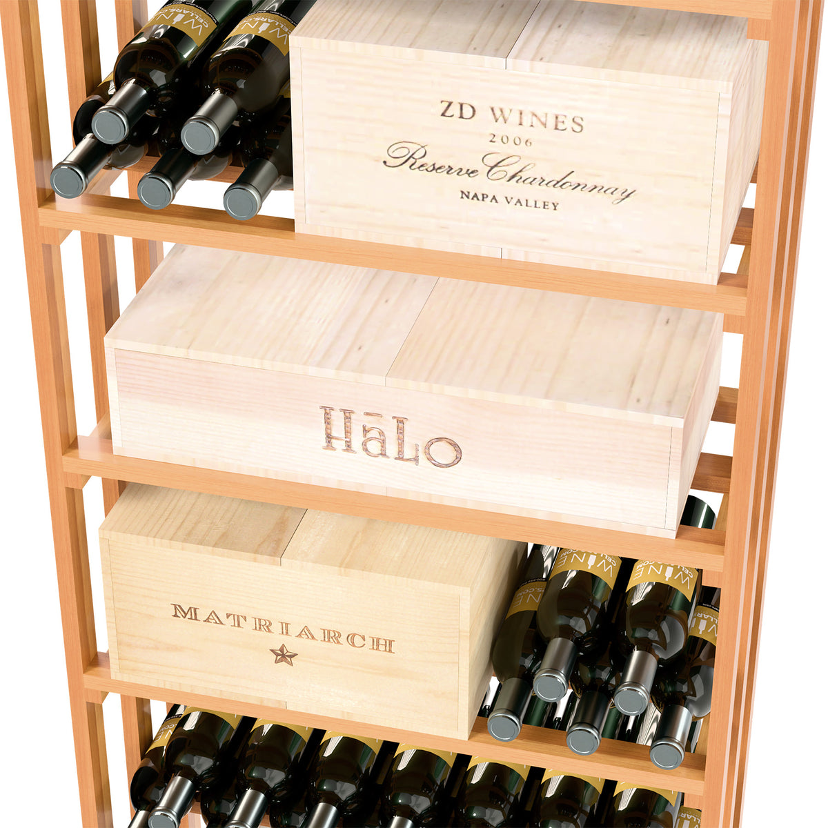 Medium wood wine bottle rack with tiered shelves and front bottle storage