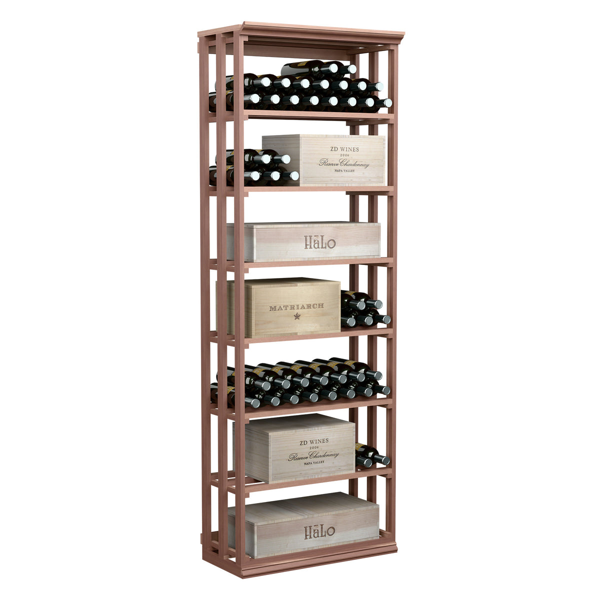 Medium-dark wood lattice wine bottle rack with open shelves for multiple bottles