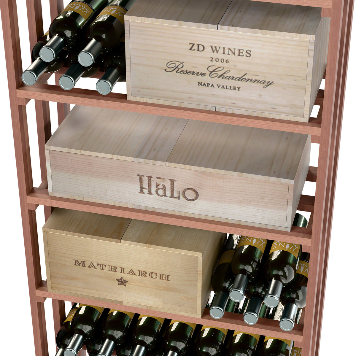 Medium-dark wood wine bottle rack with tiered shelves and wooden wine case bins