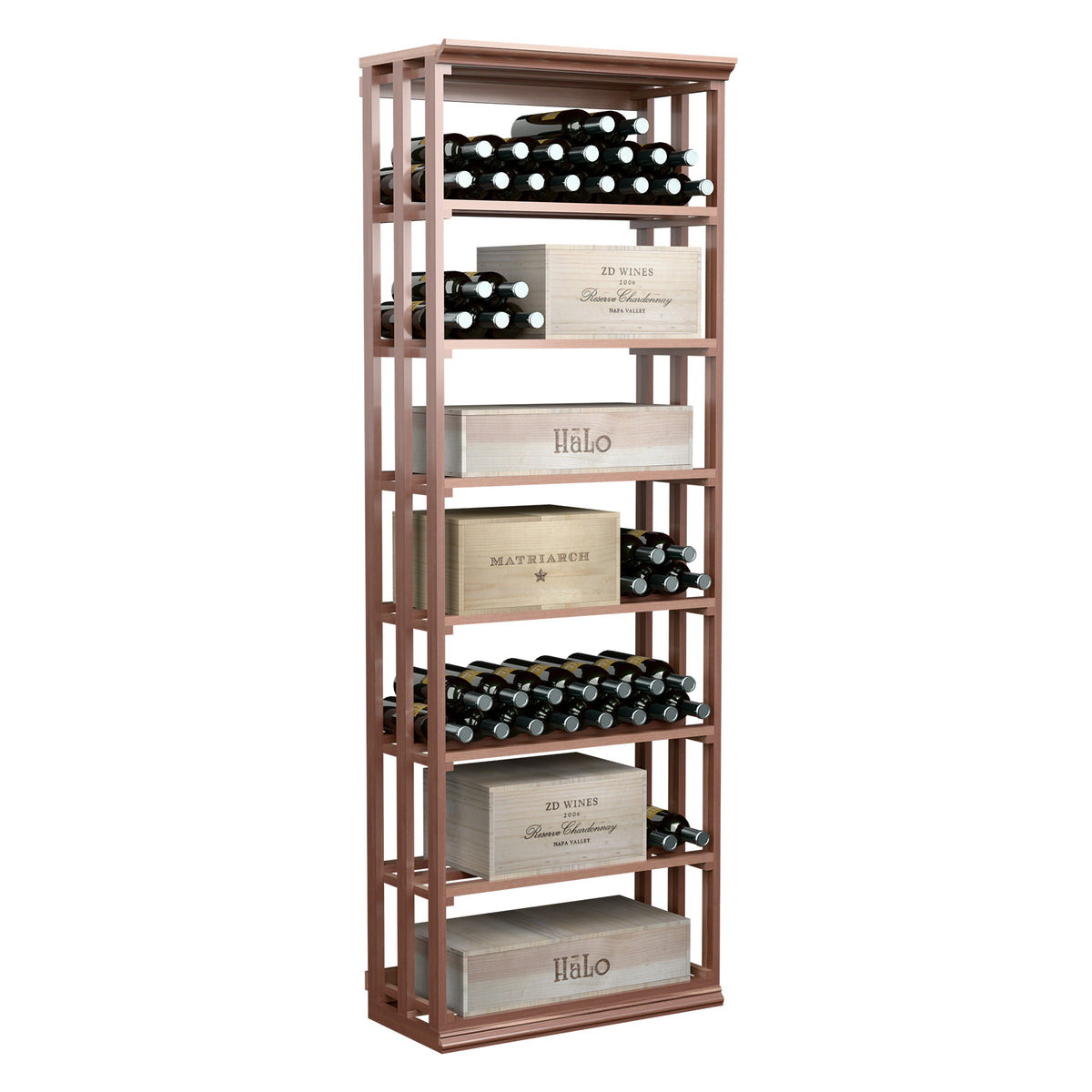 Brown lattice rectangular wine rack with open shelves for storing bottles and cases