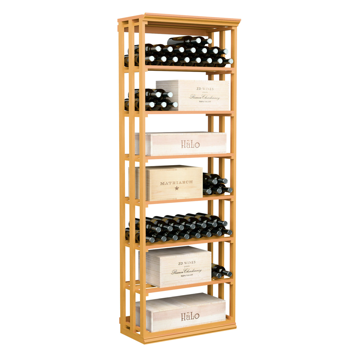 Golden lattice rectangular wine rack with tiered shelves for bottle and case storage