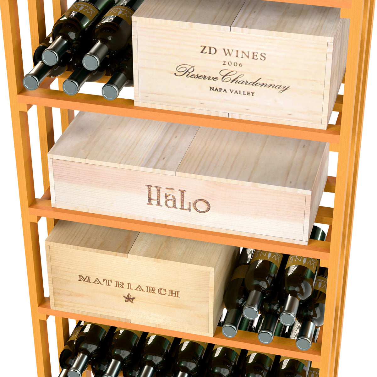 Golden wine rack close-up with crate-style shelves and dark wine bottles