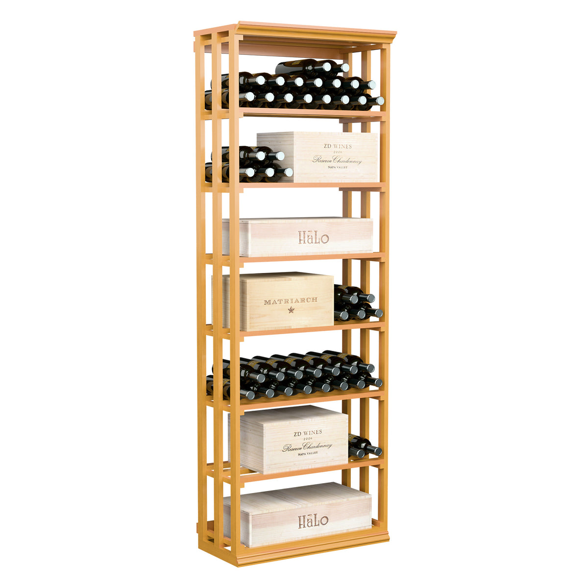Golden lattice rectangular wine rack standing with multiple bottle storage shelves