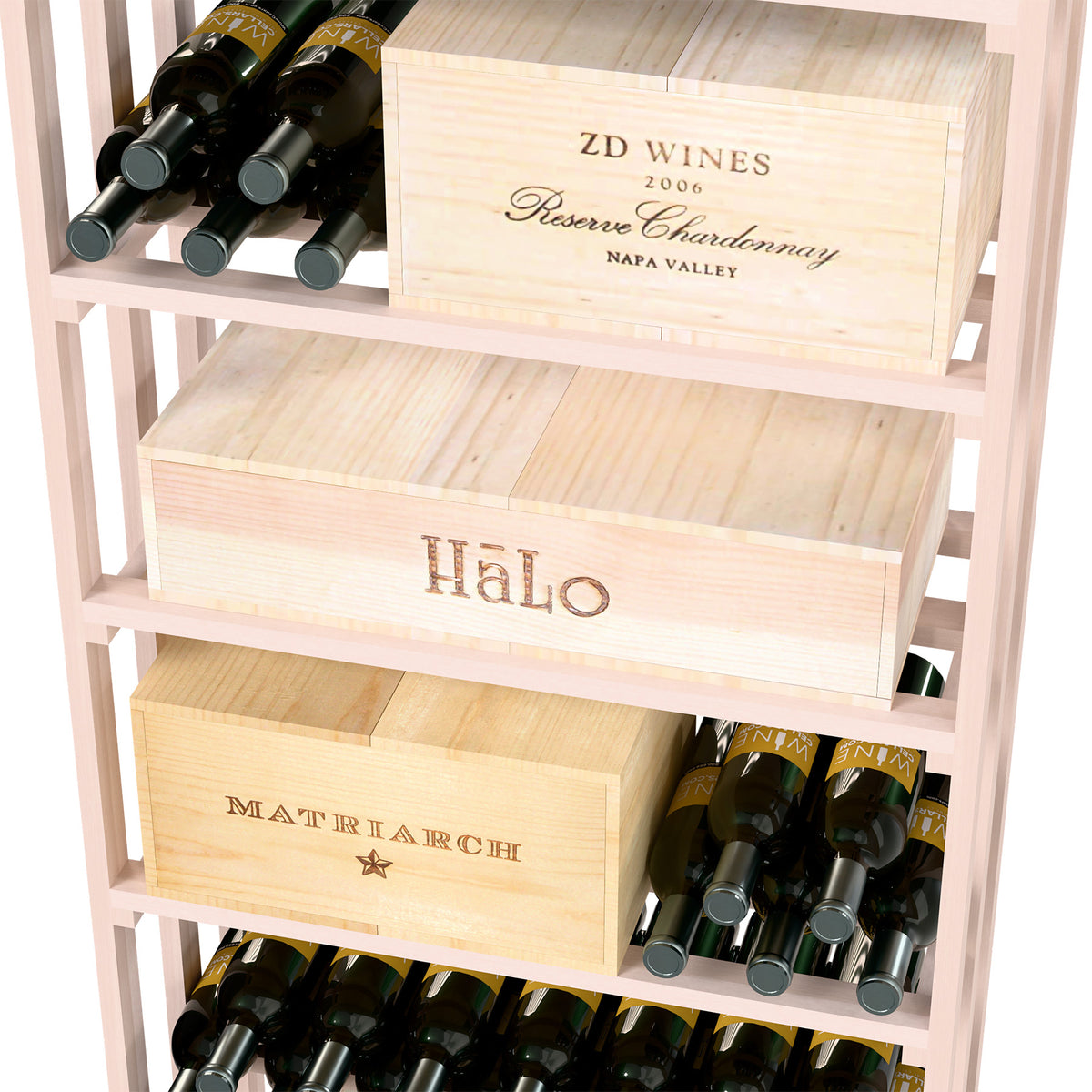 Light wood wine rack close-up with crate shelves holding dark wine bottles