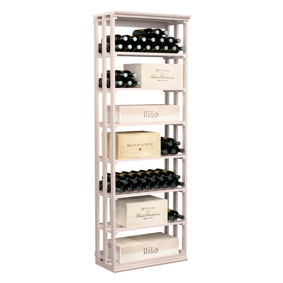Light wood lattice rectangular wine rack with open shelves for storing wine bottles