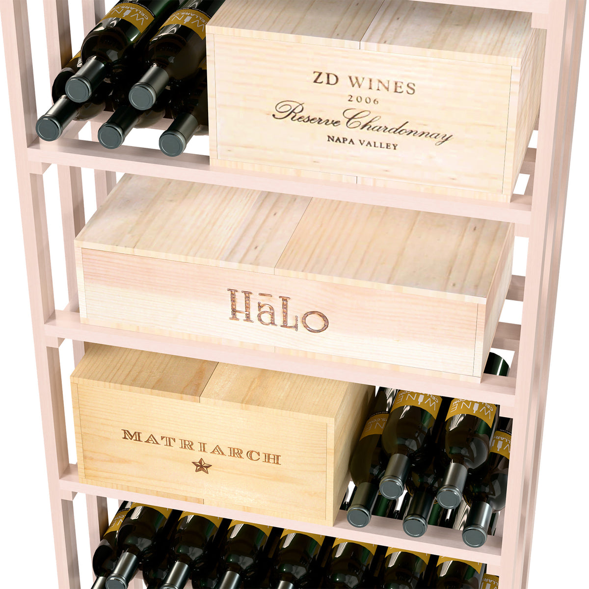 Light wood wine rack close-up with wooden crates and dark wine bottles