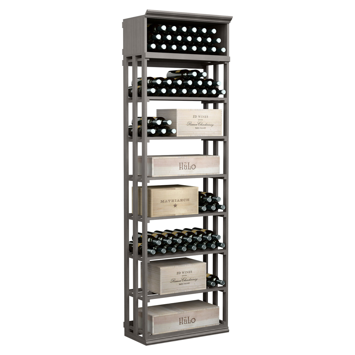 Rectangular wood wine and case bin with lattice shelves, five-tier rack for bottles and cases, dark grey