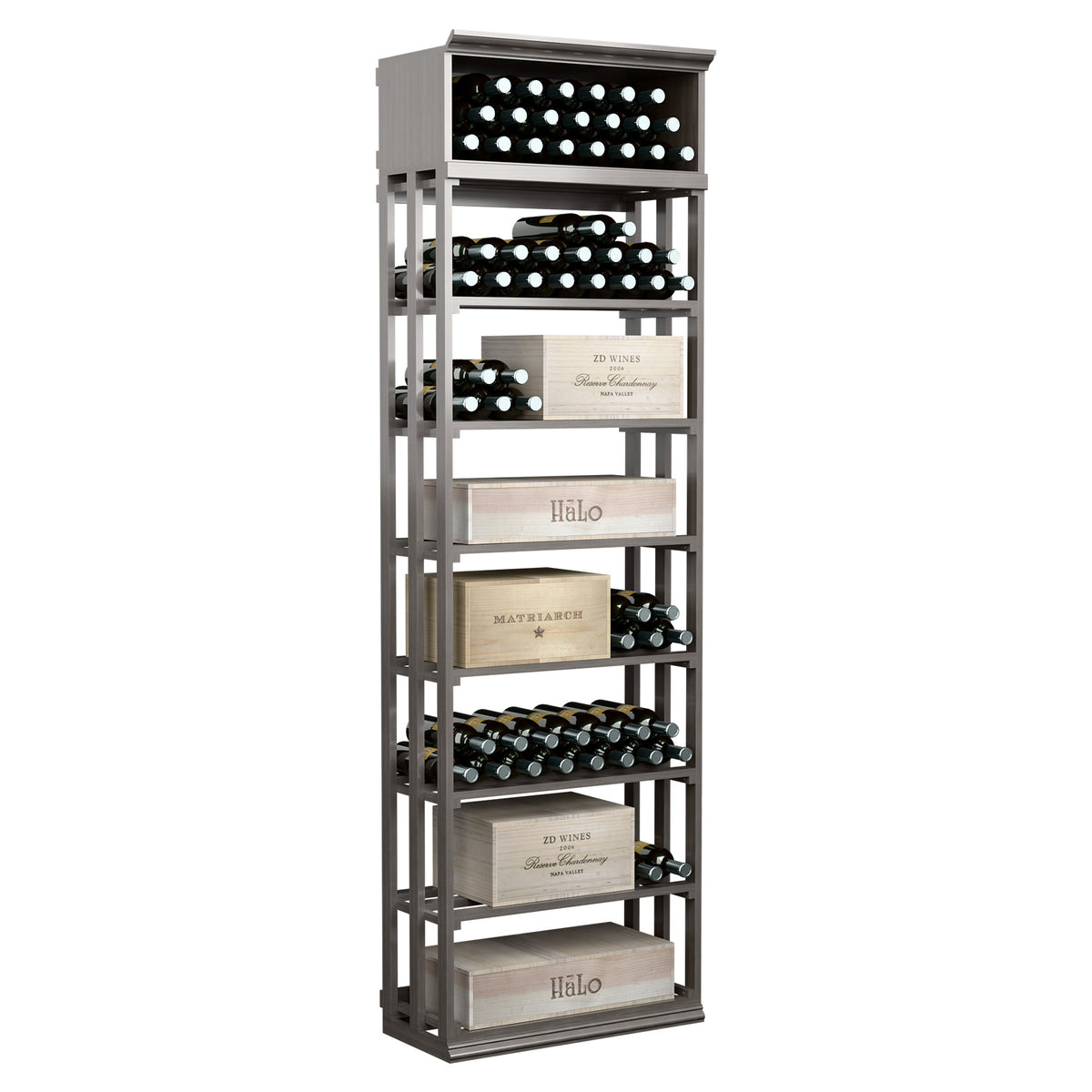 Rectangular wood wine and case bin with lattice bottle openings and case shelves, dark grey finish