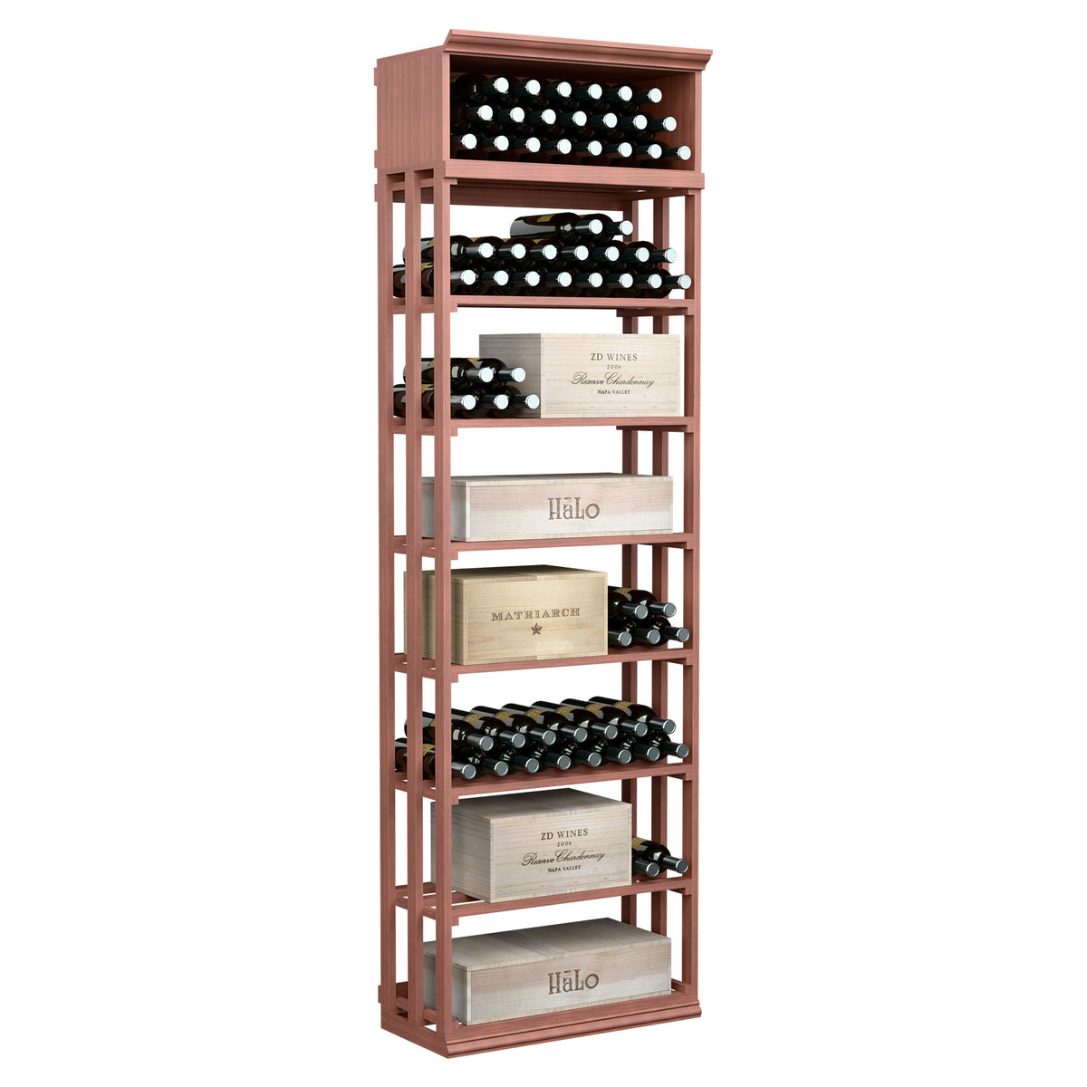 Rectangular wood wine and case bin with lattice shelves, five-tier rack holding bottles and wine cases, red