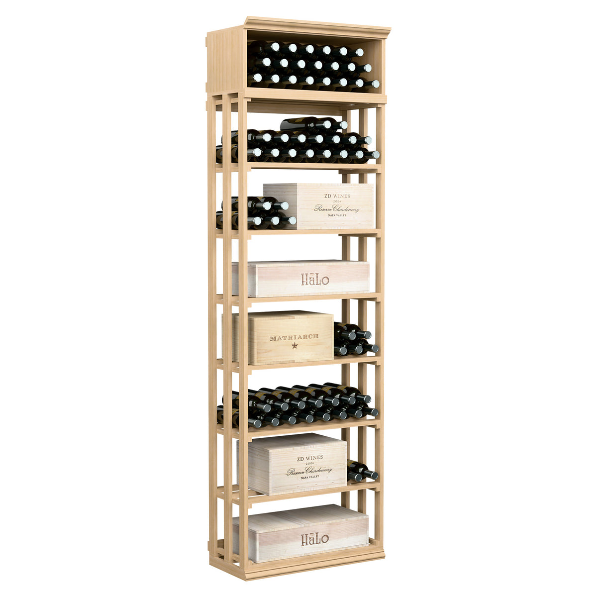 Rectangular wood wine and case bin with lattice shelves, five-tier rack for bottles and cases, light wood