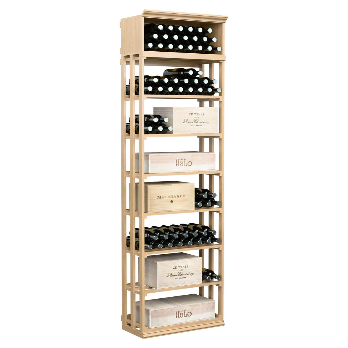 Rectangular wood wine and case bin with lattice bottle rows and case shelves, light natural finish
