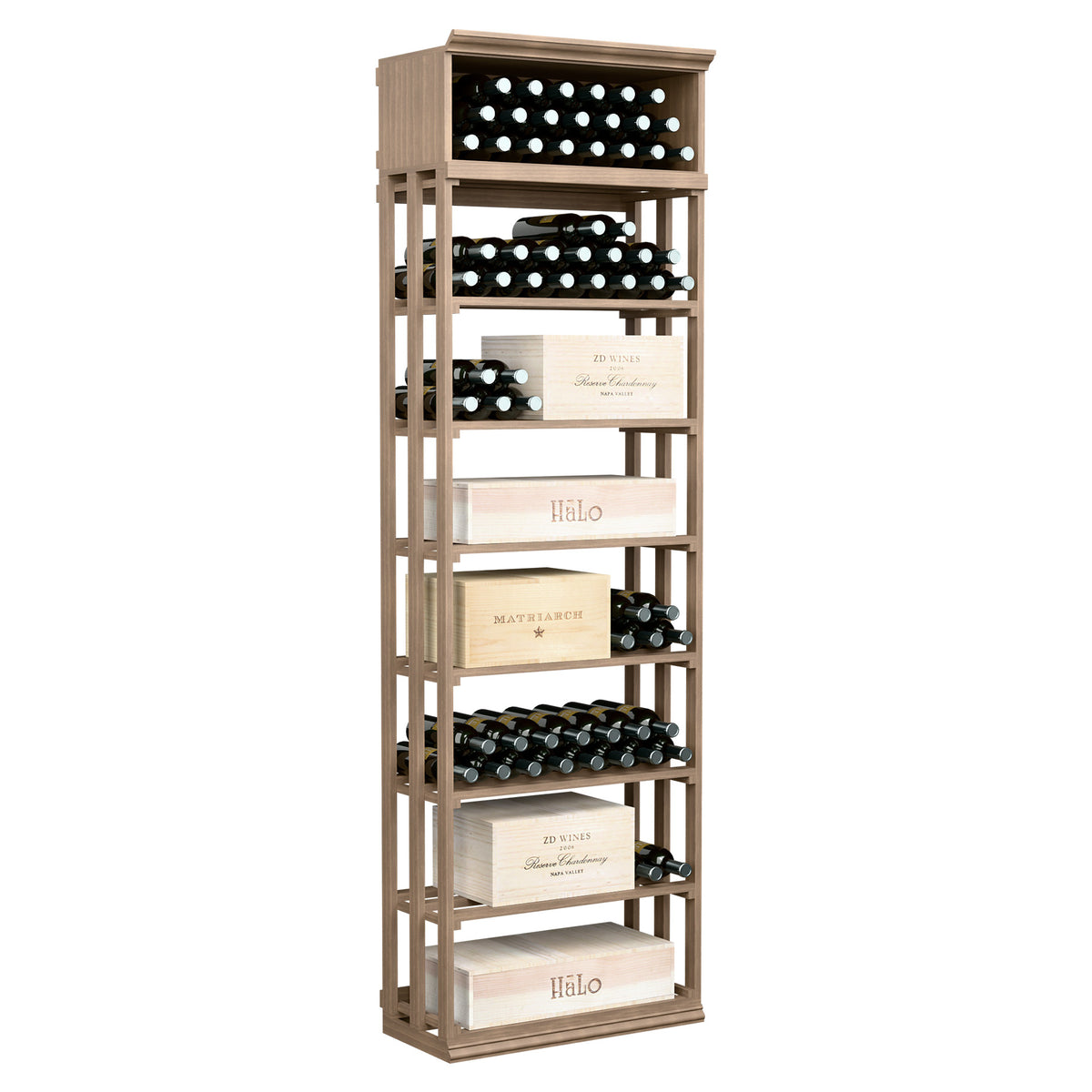 Rectangular wood wine and case bin with lattice shelving, five levels holding bottles and boxes, pale wood